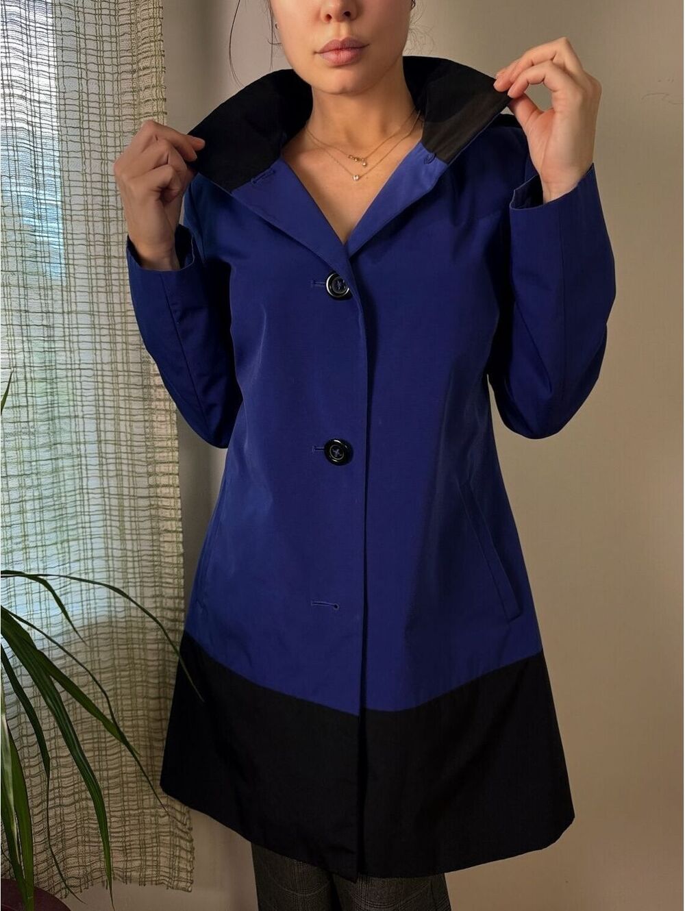 London Fog Blue Black Colorblock Hooded Trench Raincoat Jacket Small